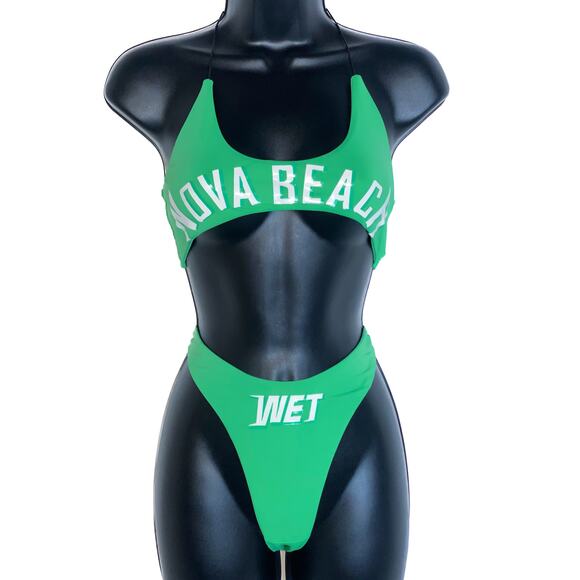 New Small Fashion Nova Beach Green Splash 2 Piece Bikini Retro Curve‎ Thong Wet - Picture 1 of 3
